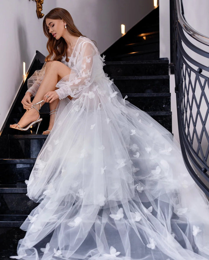 Bride wearing Adelle Bridal Robe on stairs - A Stór